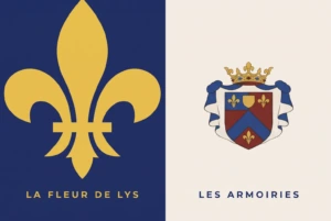 A large gold fleur-de-lis on royal blue labelled La Fleur de Lys beside a French achievement on cream labelled Les Armoiries