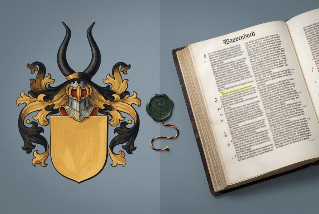 A German heraldic achievement with buffalo horns beside an open guild register headed Wappenbuch, divided by a wax seal