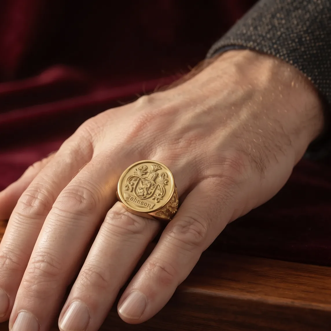 Gold family crest signet ring worn on a hand resting on a leather armchair