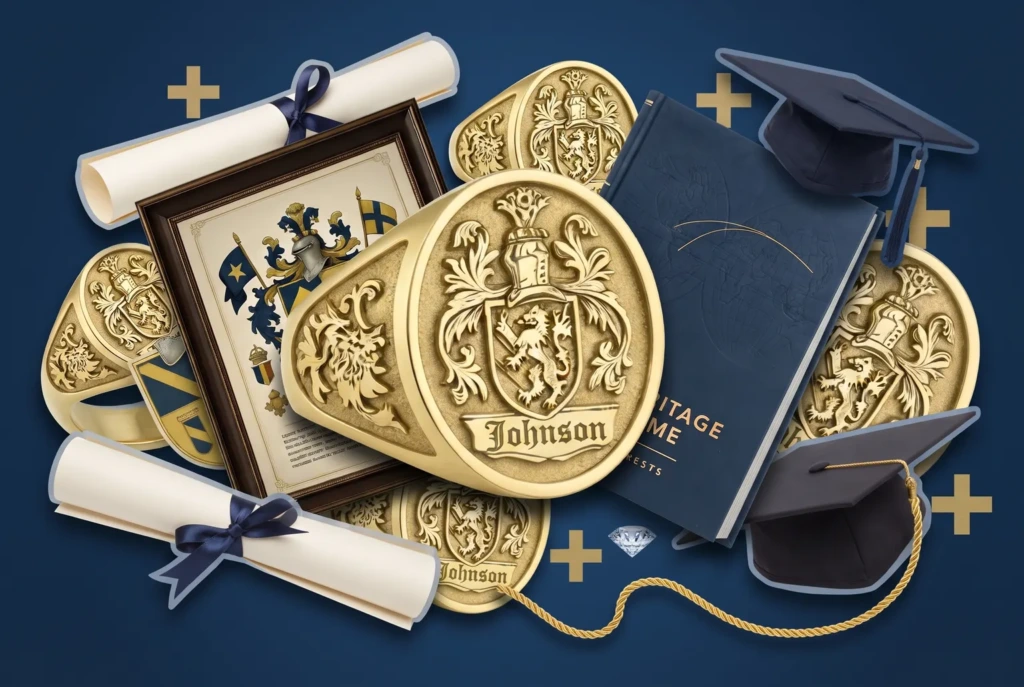 Heritage Volumes, a signet ring and a rolled diploma arranged as graduation gifts on a deep academic blue ground