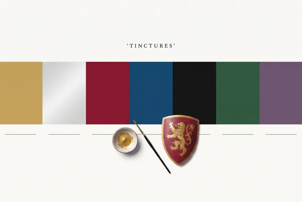 A band of seven flat heraldic tincture swatches headed Tinctures, with blank caption lines, a dish of gold pigment and a painted shield