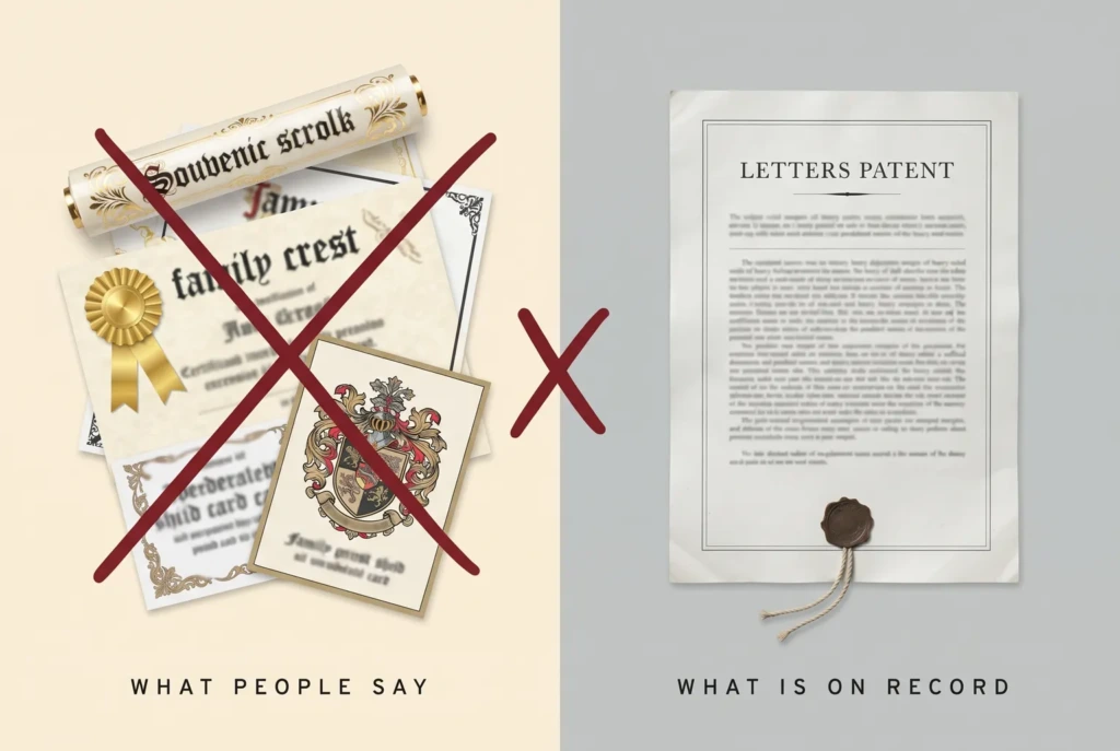 A stack of souvenir crest certificates crossed out and labelled What People Say, beside a plain letters patent labelled What Is On Record