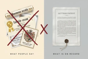 A stack of souvenir crest certificates crossed out and labelled What People Say, beside a plain letters patent labelled What Is On Record