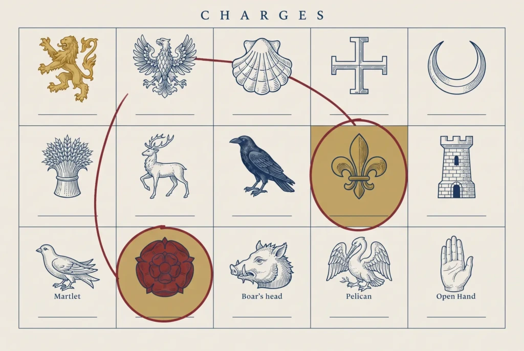 A specimen sheet of fifteen engraved heraldic charges in a grid, headed Charges, with three picked out in colour and their captions left blank