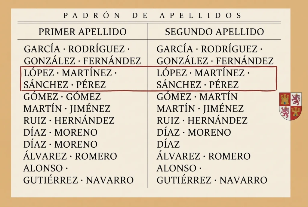 A two-column Spanish surname register headed Padrón de Apellidos, showing first and second surnames side by side