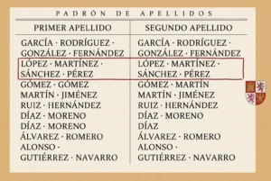 A two-column Spanish surname register headed Padrón de Apellidos, showing first and second surnames side by side