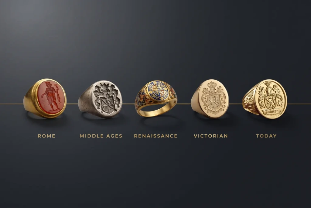 Five signet rings in a row from a Roman intaglio to a modern one, labelled Rome, Middle Ages, Renaissance, Victorian and Today
