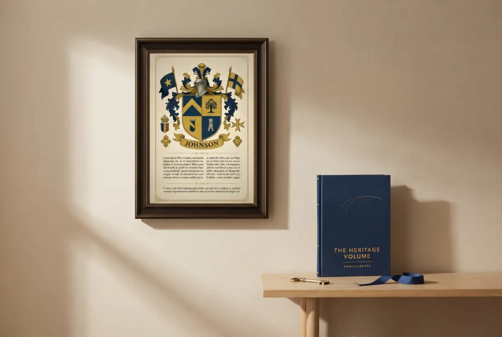 A framed coat of arms hanging on a sand-coloured wall with a Heritage Volume standing on a shelf below