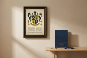 A framed coat of arms hanging on a sand-coloured wall with a Heritage Volume standing on a shelf below