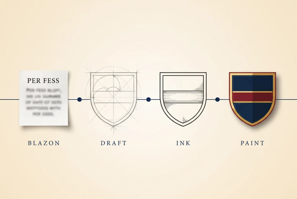 The same shield shown at four stages of making, labelled Blazon, Draft, Ink and Paint