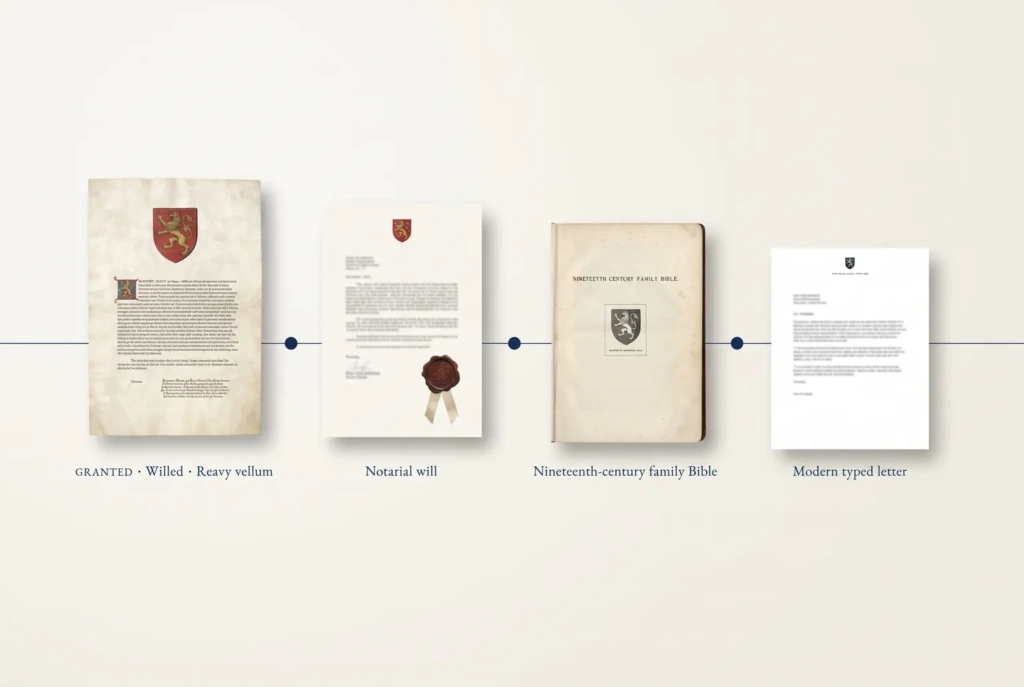 Four documents carrying the same coat of arms, shown in sequence on a timeline: an illuminated grant on vellum, a notarial will with a wax seal, a nineteenth-century family Bible and a modern typed letter