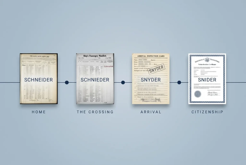 One surname spelled four different ways across a parish register, a manifest, an inspection card and a naturalisation certificate