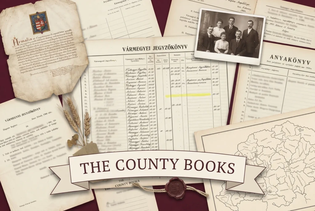 A Hungarian county register, an armorial letter on parchment and a parish register under a banner reading The County Books