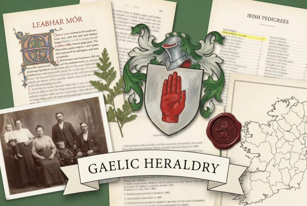 Collage of a Gaelic manuscript, an Irish pedigrees index and a family photograph around a painted Irish shield with a red hand