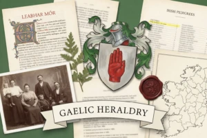 Collage of a Gaelic manuscript, an Irish pedigrees index and a family photograph around a painted Irish shield with a red hand