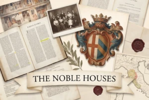 Collage of a humanist folio, a Renaissance fresco fragment and an Italian family portrait around a painted Italian achievement