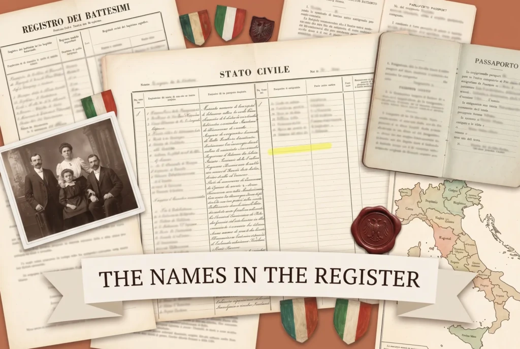 An Italian civil status register, a baptism register and an emigration passport under a banner reading The Names in the Register