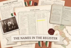 An Italian civil status register, a baptism register and an emigration passport under a banner reading The Names in the Register