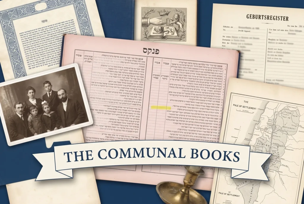A communal pinkas register, a ketubah fragment and a civil birth register under a banner reading The Communal Books