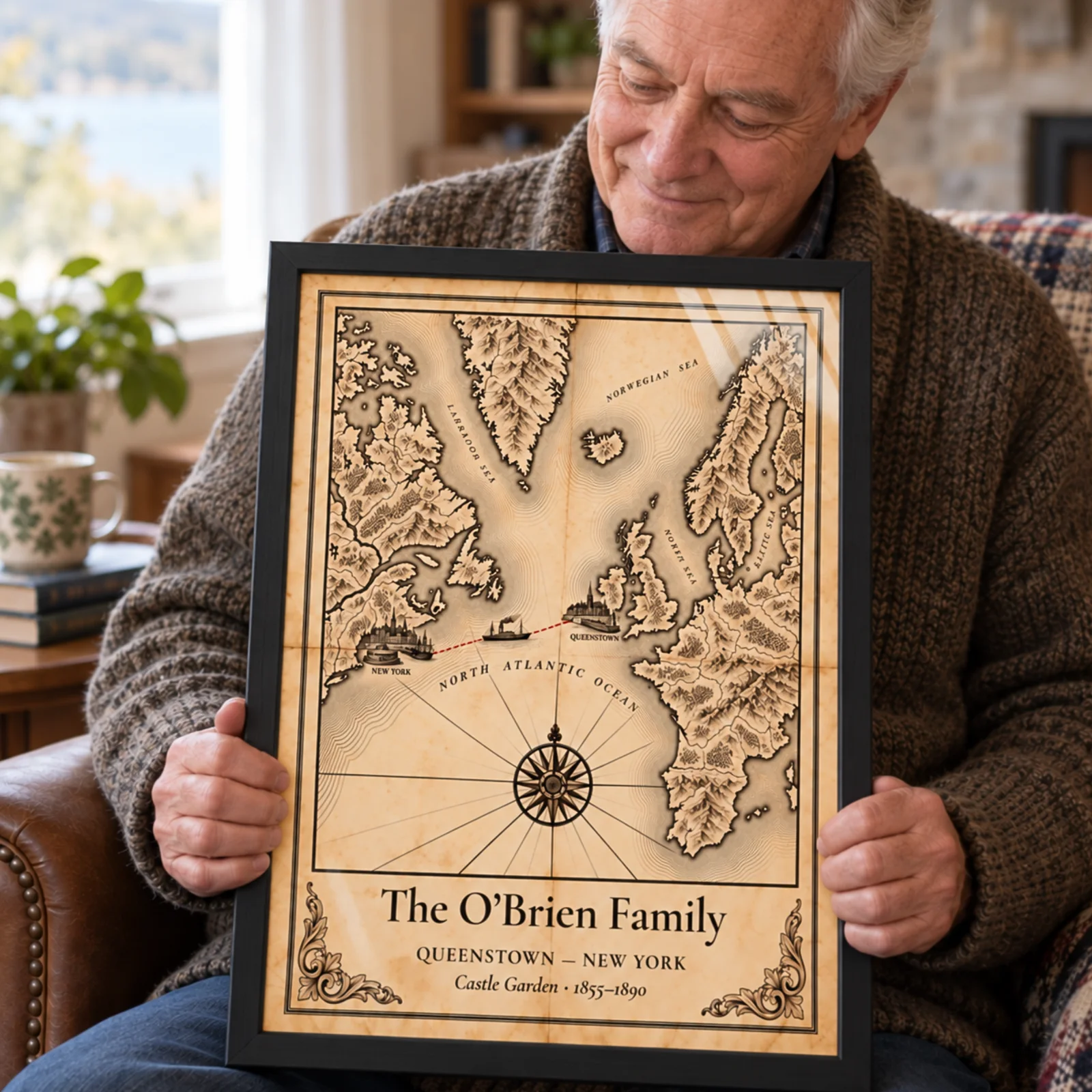 Man holding his personalized family Passage Map print