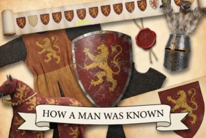 A battle-worn painted shield with a surcoat, great helm and tournament roll under a banner reading How a Man Was Known