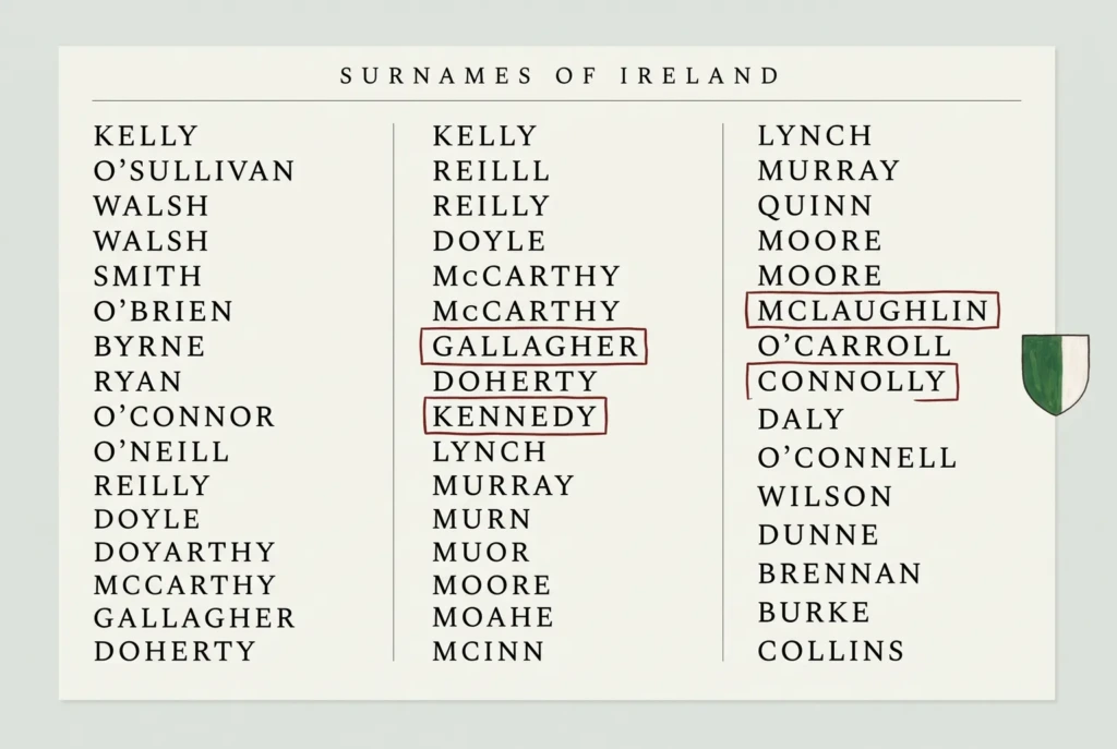 A printed three-column index of common Irish surnames headed Surnames of Ireland, with three entries circled by hand