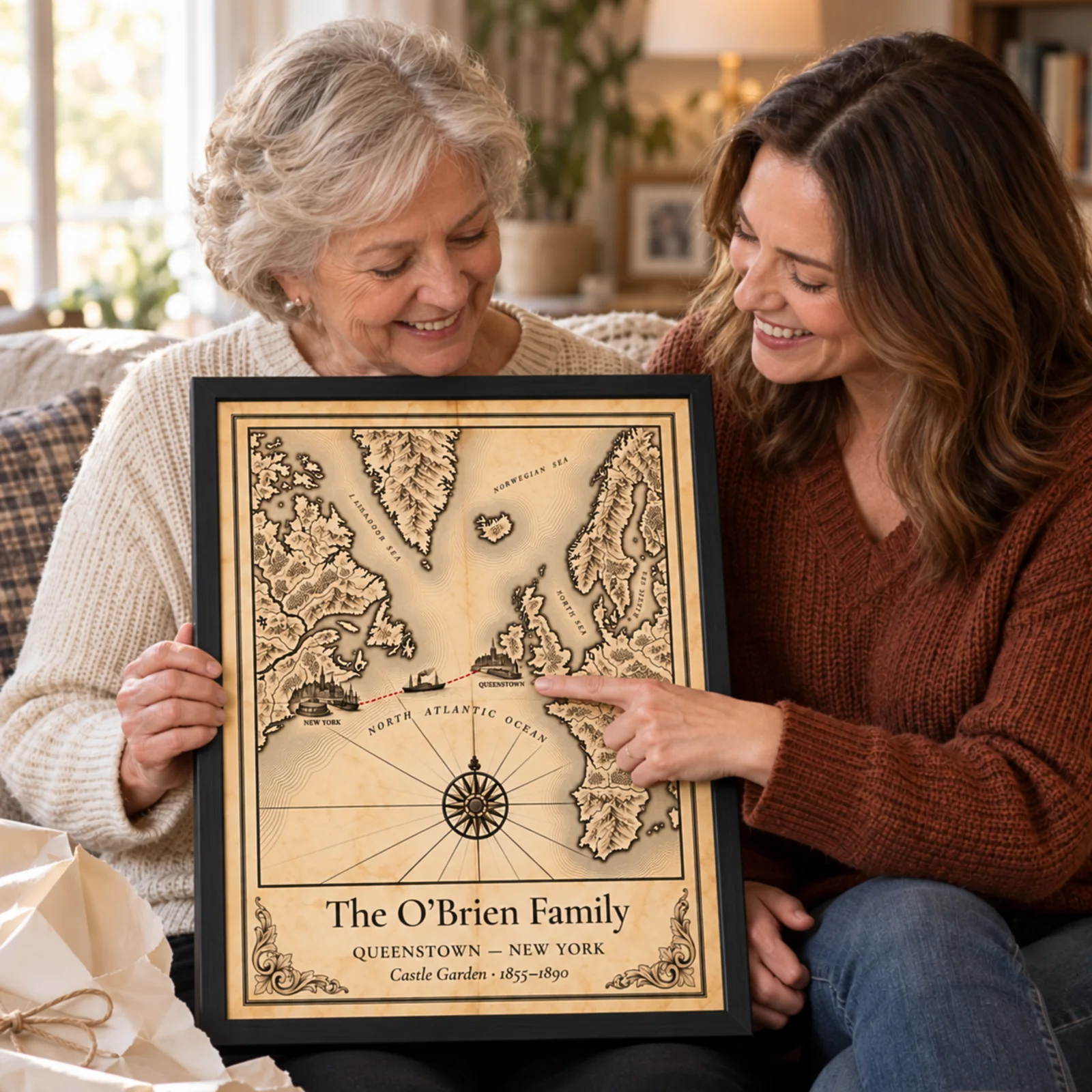 Mother and daughter looking together at their personalized framed family Passage Map