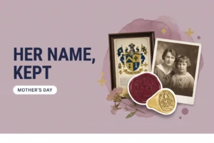 A framed coat of arms, a wax seal and a women’s signet ring with a 1920s mother and daughter portrait, beside a headline reading Her Name, Kept