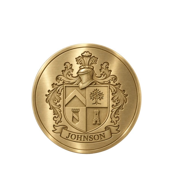 18K gold plated coat of arms medallion engraved with a family crest and surname
