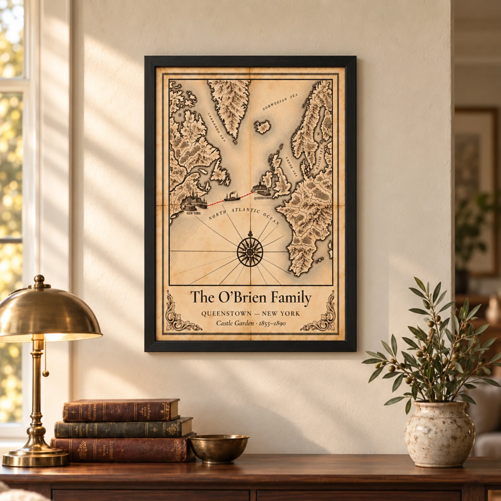 Personalized family Passage Map framed on a living room wall
