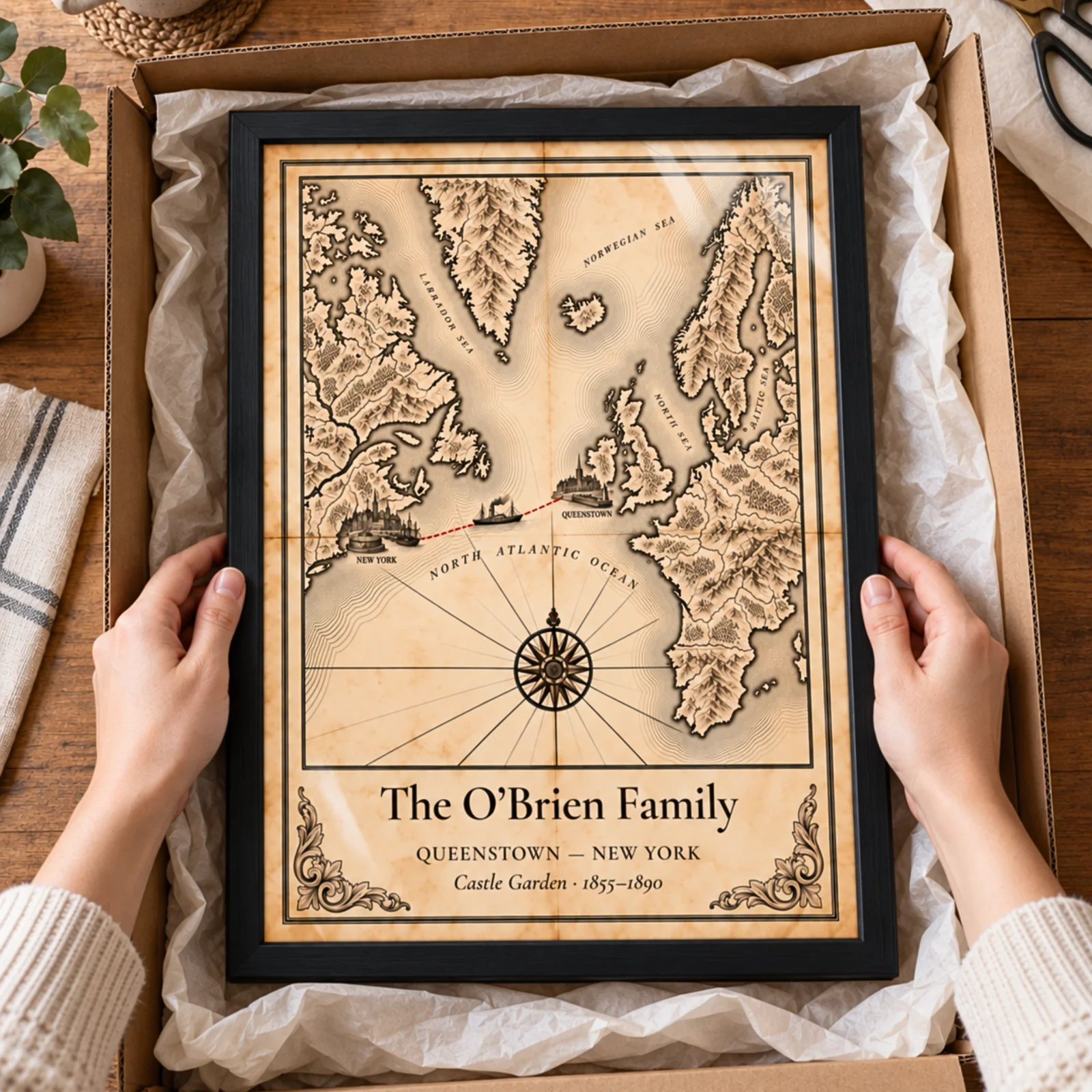 Unboxing a personalized framed Passage Map gift