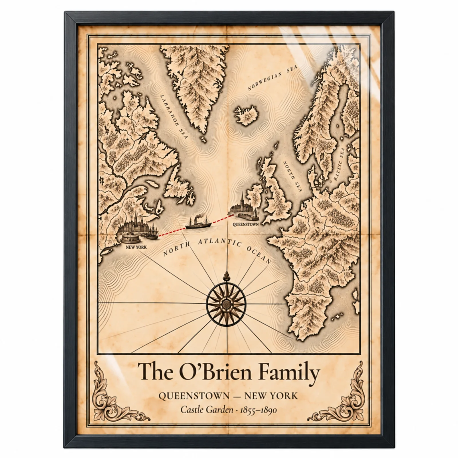Personalized Passage Map print in a classic black frame