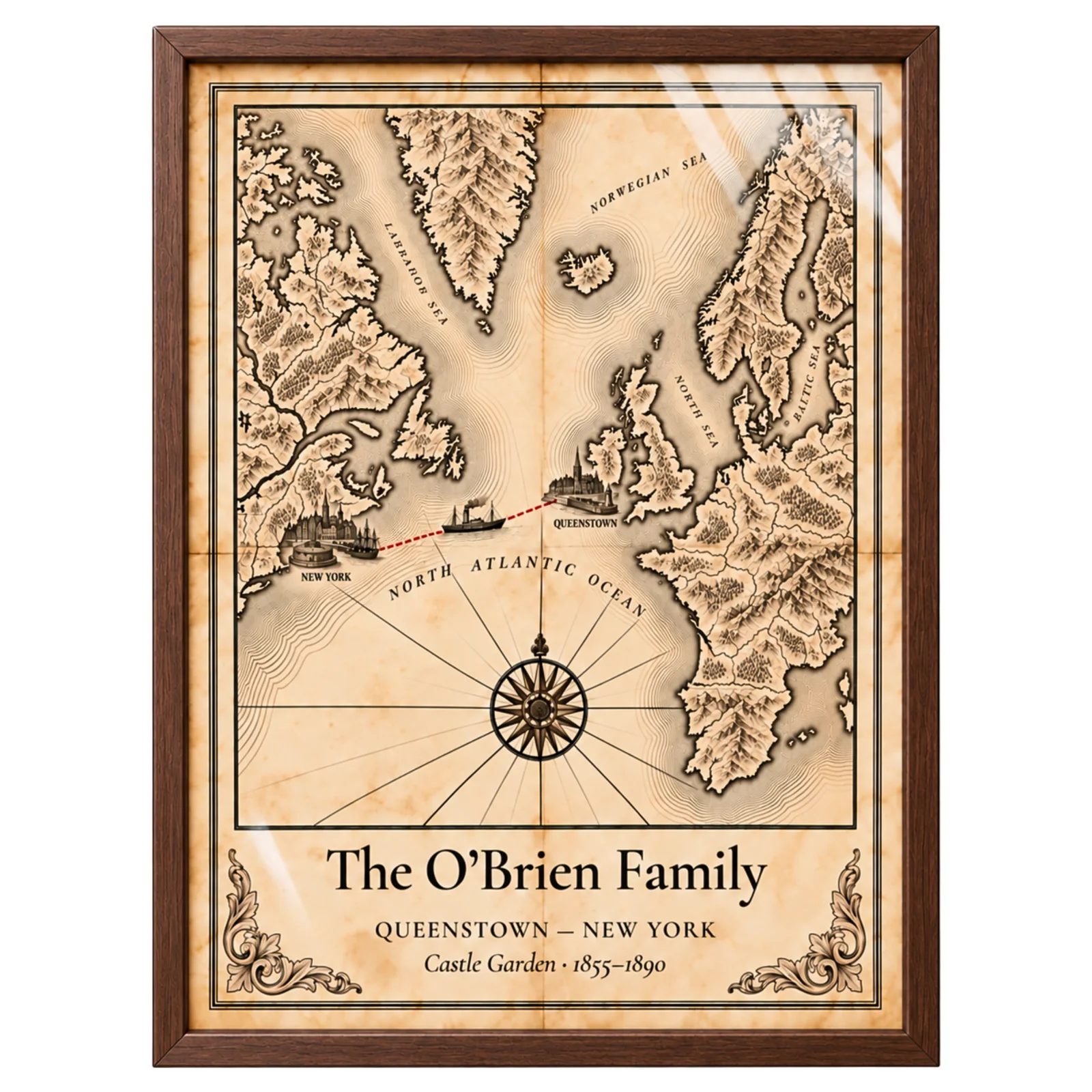 Personalized Passage Map print in a walnut wood frame