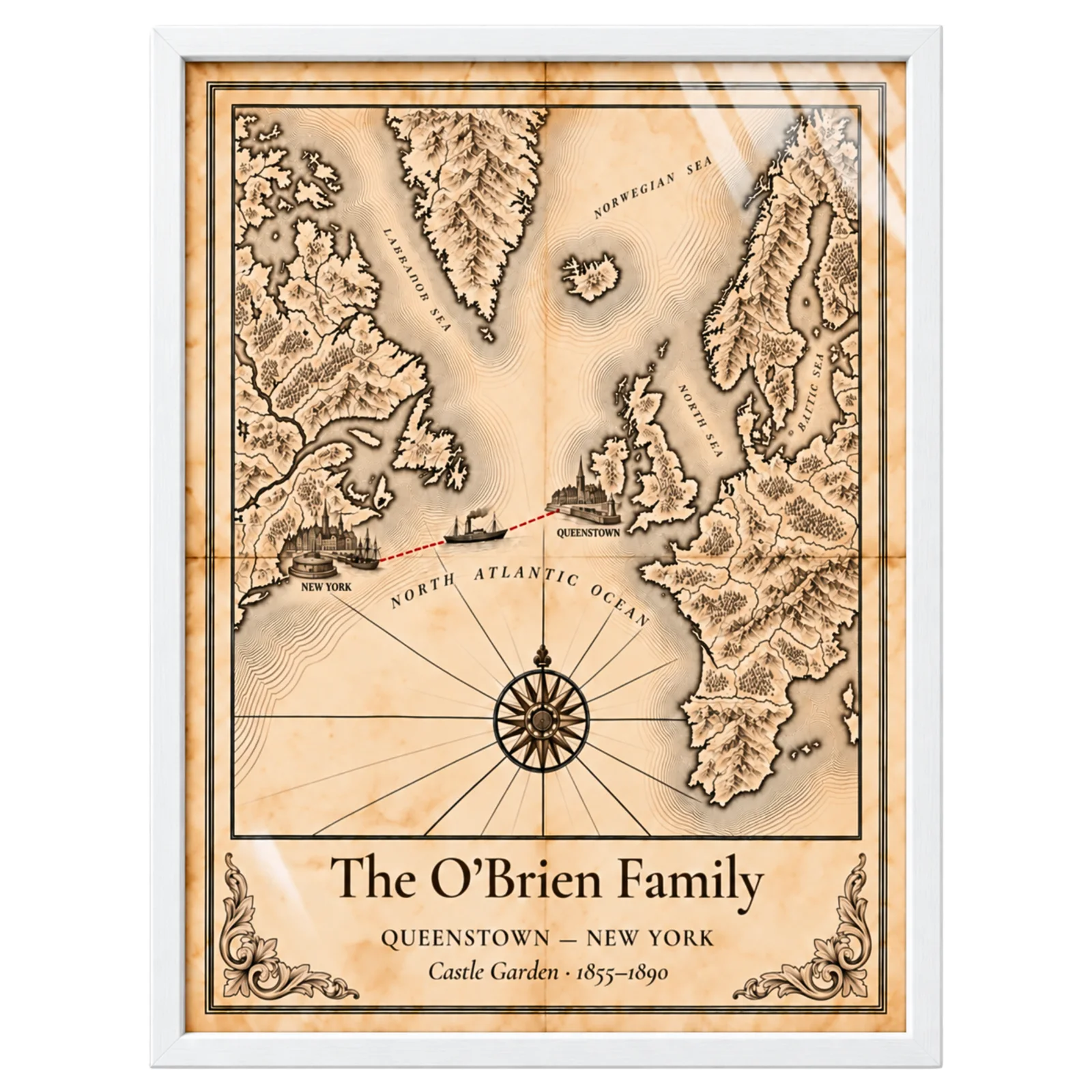 Personalized Passage Map print in a white frame