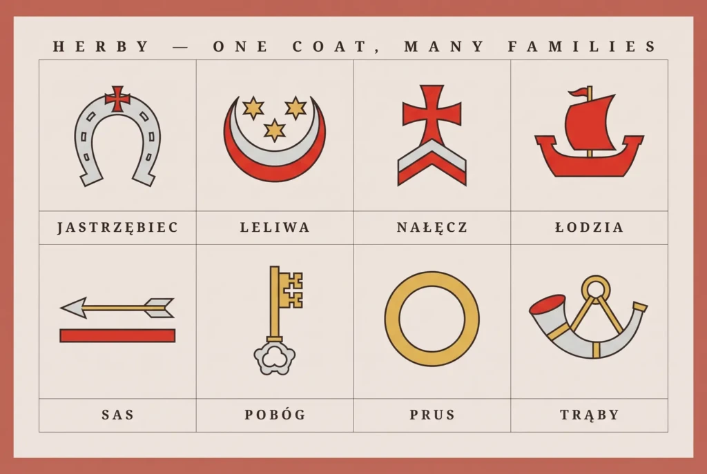 A grid of eight Polish clan arms with their clan names, headed Herby — One Coat, Many Families
