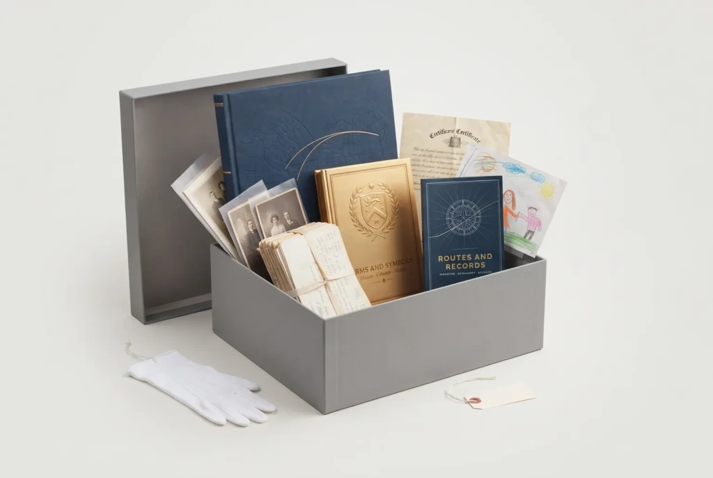 An open archival storage box holding three Heritage Volumes, tied letters, photographs in sleeves and a cotton glove