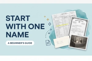 A census return, a birth certificate, an index card and a family photograph beside a headline reading Start With One Name