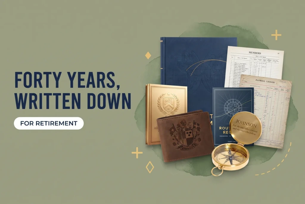 Three Heritage Volumes, a leather wallet and an engraved pocket compass beside a headline reading Forty Years, Written Down