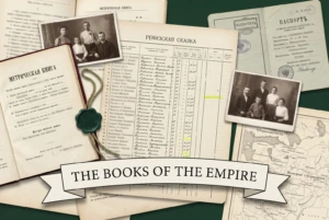 A revision list in Cyrillic, an internal passport and a metrical book under a banner reading The Books of the Empire