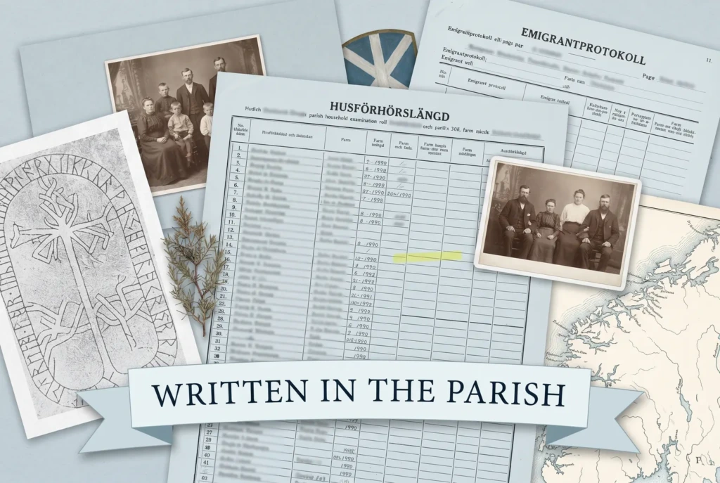A Swedish household examination roll, a Norwegian emigration protocol and a runestone rubbing under a banner reading Written in the Parish