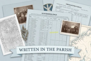 A Swedish household examination roll, a Norwegian emigration protocol and a runestone rubbing under a banner reading Written in the Parish