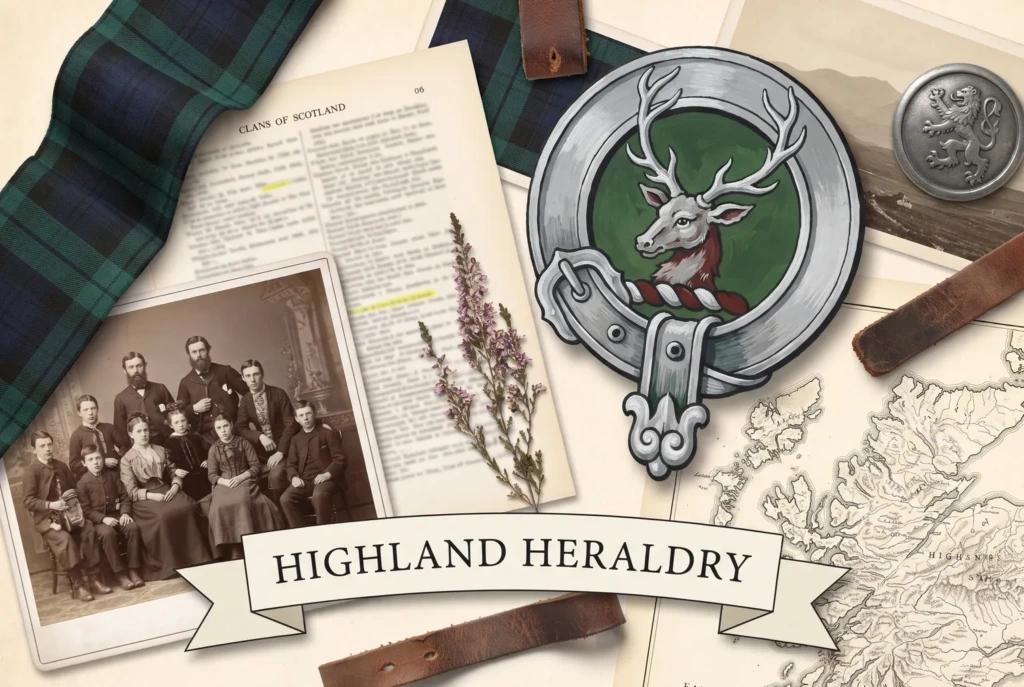 Collage of tartan cloth, a clan crest badge, a Highland family portrait and a map of the islands under a banner reading Highland Heraldry