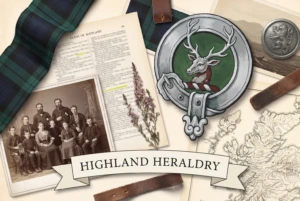 Collage of tartan cloth, a clan crest badge, a Highland family portrait and a map of the islands under a banner reading Highland Heraldry