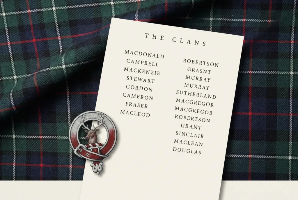 A woven tartan ground with an index sheet of Scottish clan names headed The Clans and a clan crest badge resting on it