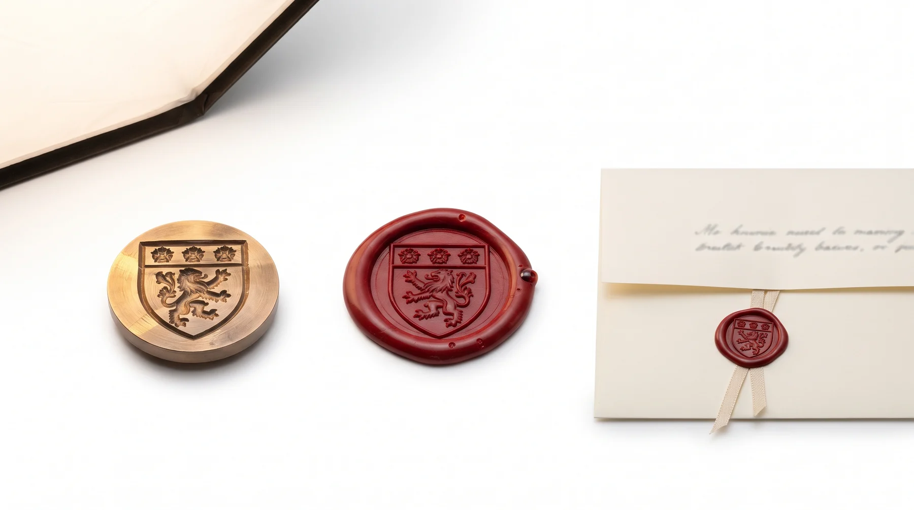 A bronze seal matrix, the red wax impression struck from it, and a document with that seal hanging from a ribbon
