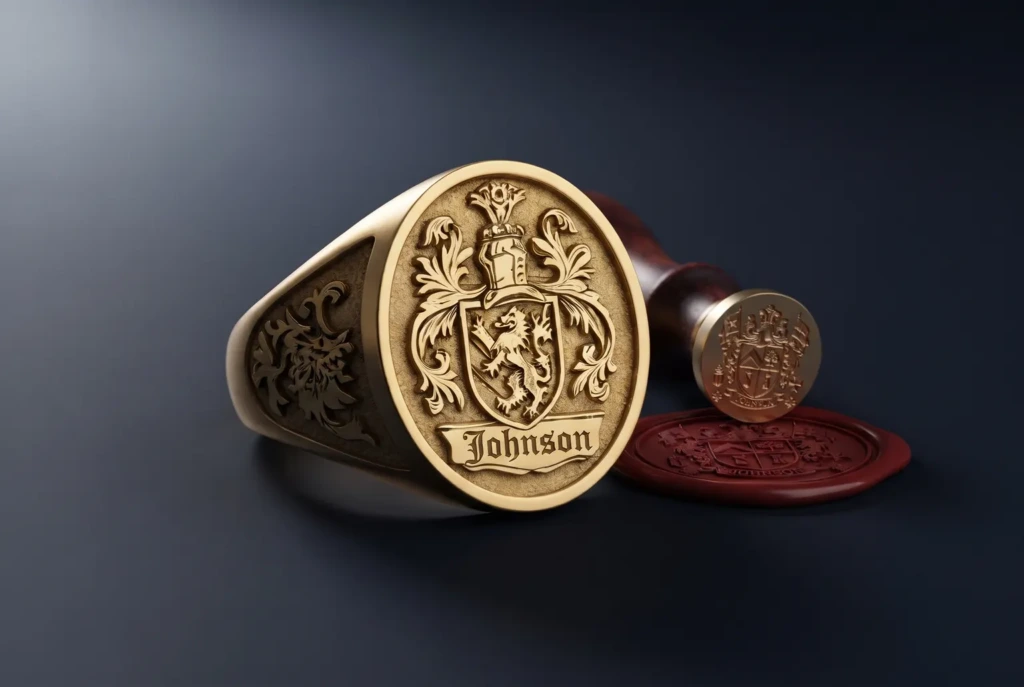 Close-up of an engraved gold signet ring beside a matching red wax impression on a dark ground