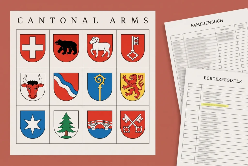 A grid of twelve Swiss cantonal arms headed Cantonal Arms beside a Familienbuch and a citizenship register