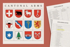A grid of twelve Swiss cantonal arms headed Cantonal Arms beside a Familienbuch and a citizenship register