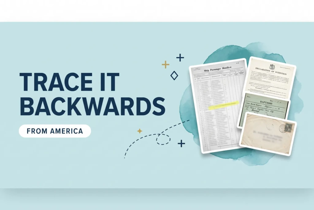A passenger manifest, a declaration of intention and an Irish baptism register beside a headline reading Trace It Backwards