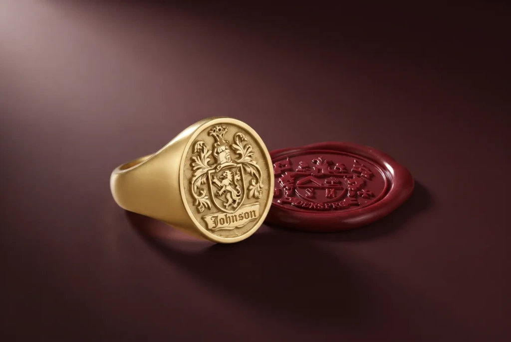 A women’s gold signet ring and a red wax seal impression on a deep oxblood ground